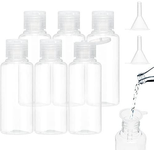 BillyBath Botellas de viaje para rellenar, 100 ml, 6 unidades de botellas líquidas con 2 pequeños embudos, botella de plástico transparentes recipiente para champú, loción, cosméticos, gel de ducha