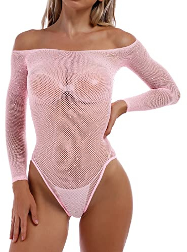 IBAKOM Damen-Body mit glitzerndem Glitzer-Strass-Netz, durchscheinend, Netz-Body, langärmelig, Turnanzug, Top, Teddy, Dessous, Catsuit, Bühne, Clubwear, Nachtclub, Rave-Outfit