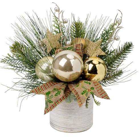 Hollyone Weihnachts Topfpflanze mit Topf, Weihnachtsbaum Topfpflanze klein, Weihnachtsmann-Topfpflanze mit belaubten Zweigen und grünen Blättern für Weihnachtsbaum Neujahr Ornamente