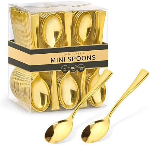 Qeirudu 4 Inch Gold Plastic Mini Spoons, 100 Pack Heavy Duty Small Tasting Spoons for Party Dessert Shooters, Appetizers, Ice Creams, Food Samples, Puddings
