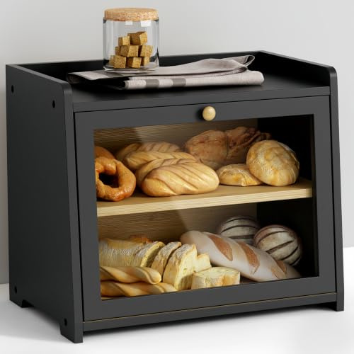 Goozii Double Layer Bread Box for Kitchen Countertop, Large Bread Storage Container for Counter Top, 2 Tier Wood Farmhouse Vintage Breadbox for Homemade Bread, Corner, Cabinet, Pantry (Black)