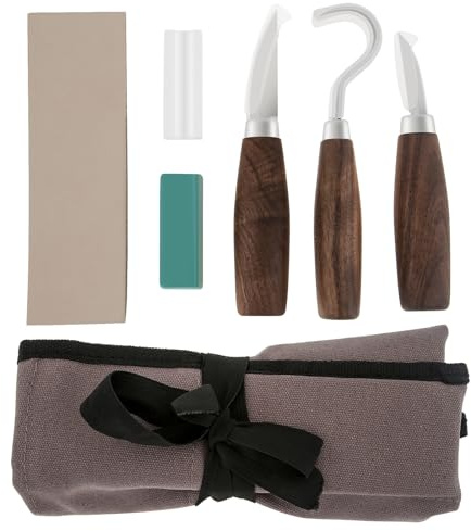 Omninmo Couteaux à découper sur bois – Outil de sculpture sur bois à la main, couteau à crochet, couteau, cuillère, kit d'outils avec sac en rouleau pour débutants