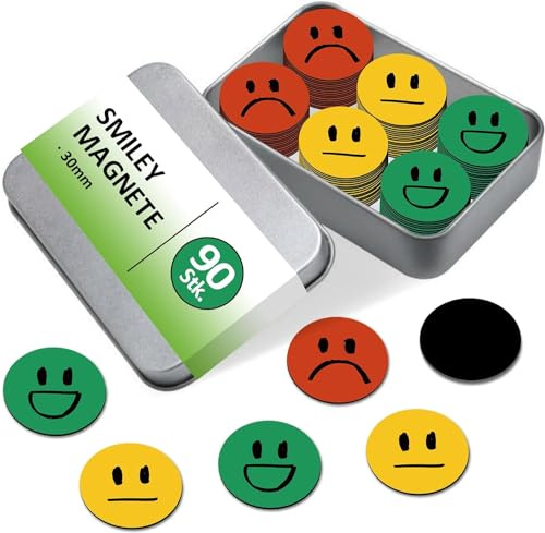 BIROYAL Smiley Magnete, Magnete Smiley, 90 STK, mit Metallbox | Ø 30mm, 1,1mm Dicke, Starke haftende Flach-Magnet, Lehrer Zubehör, Magnete für Magnettafel, Tafel, Belohnungstafel Kinder