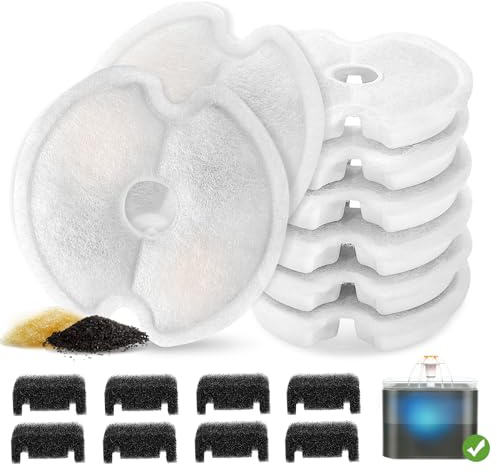 VinDox Filter für Katzenbrunnen, 8 Stück Filter + 8 Schwämme für 2.5L LED Katzenbrunnen mit Harz und Aktivkohle für Katzen und Hunde, Dreifach-Filterung