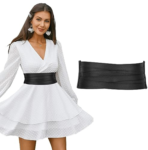 LEACOOLKEY Women Wide Leather Belt for Dress Chunky Elastic Stretchy Belt for Women Thick Obi Cinch Belt,Black