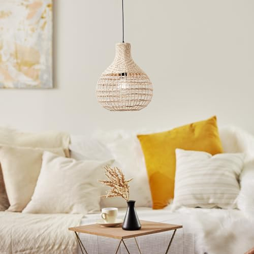 Lightbox Nature Hängelampe - 120 cm, Ø 33 cm - Pendelleuchte mit geflochter Rattan Schirm & kürzbarem Kabel - E27, max. 25 W - aus Rattan/Metall - in Hellbraun/Schwarz