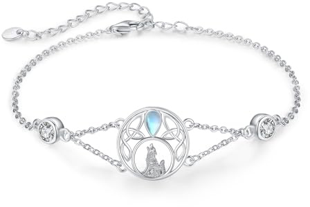 Wolf Armband Damen Sterling Silber Keltische Mondstein Armband Tier Verstellbar Armband Schmuck Geschenk für Mädchen