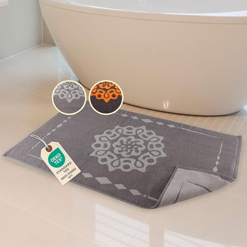 ELEVAVIDA Design Badvorleger grau 60x100 cm aus 100% Baumwolle 1000 g/m2 - Badematte mit Mandala, weicher Badteppich, saugfähig, maschinenwaschbar - graue Duschmatte Frottee Duschvorleger
