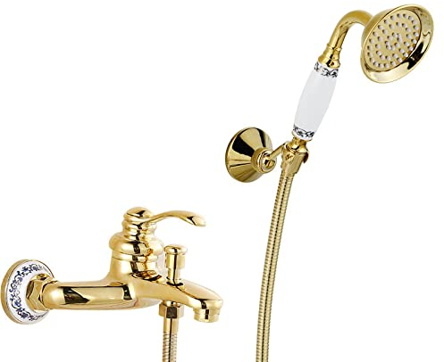 Luxus Kristall Badewanne Gold Messing Wasserhahn mit Handbrause Telefon Typ Badarmaturen Sets Mischbatterie Wandmontage (Hsqhd1 g)