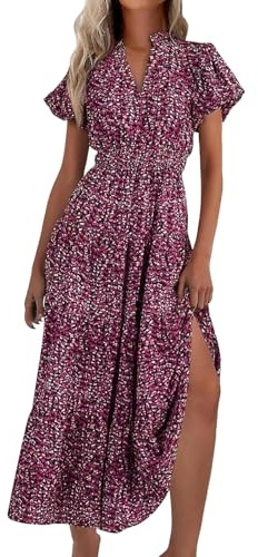 Cocila Abiti Lunghi Estivi Donna Abito Lungo Floreale Boho da Donna, Casual Estivo, con Scollo a V, Manica Corta, Volant, Increspato Vestiti Estivi Eleganti Lunghi