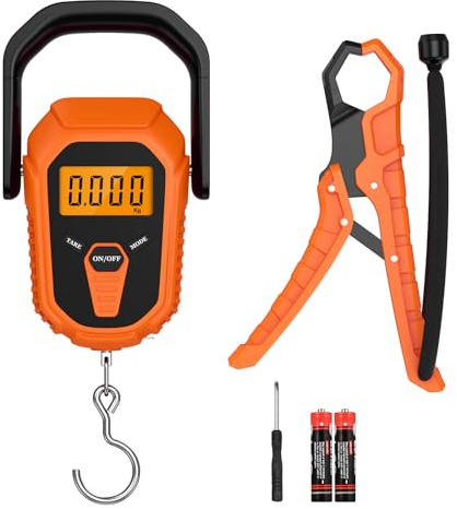 ORIA Digital fiskerivåg, 50 kg/0,005 kg, digital kranvåg, bagagevåg, med LCD-skärm, måttband, fiskkontroller, bärbar hängvåg för resor, resväskor, fiske – orange