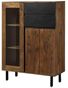 MASSIVMOEBEL24.DE | Highboard Lichtenberg #100 Sheesham Massivholz Natur unbehandelt 100x40x135 cm Schrank, Kommode mit Blitzmuster Vitrinenfach Schiefer & Metallfüße