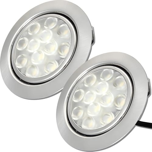 2 x 3W LED LED Einbauspot Lina 12V Einbaustrahler Edelstahl Gebürstet flach warmweiß 3200K 200lm Möbeleinbauleuchte für das Wohnzimmer, Küche, Spiegelschrank usw. Lochausschnitt 55-60 mm. D=65 mm ✅