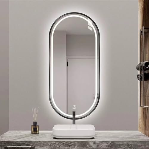 LED-Badezimmerspiegel, Ovaler Spiegel Mit Metallrahmen, Großer Dimmbarer Wandspiegel, Kosmetikspiegel Mit Hintergrundbeleuchtung Und Frontlicht, 3 Farben Temperatur, Touch (Size:40x80cm,Color:Schwarz)