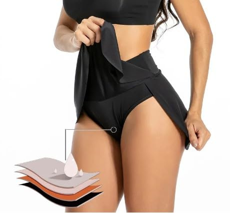 VEINTITRÉS Falda de Natación Menstrual de Verano de 4 Capas, Vestido de Playa para Mujer, Culotte Menstruelle, Traje de baño menstruales, Bikini menstruación (FR/ES, Letras, S, Regular, Alto, Negro)