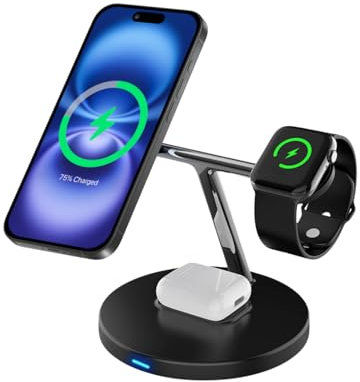 Volta Stazione Ricarica Apple 3 in 1, Caricatore Wireless iPhone e per AirPods, Caricatore Magnetico iPhone 16/15/14/13/12, Base di Ricarica Apple Watch e AirPods