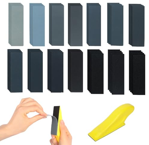 105Pcs Sand Paper Wet and Dry Sandpaper Kit Coarse to Fine 80-5000 Grit Mixed Assorted Sandpaper with 3.5 x 1 Inch Mini Hand Sanding Block for Car Wood Walls Detail Surface Sanding