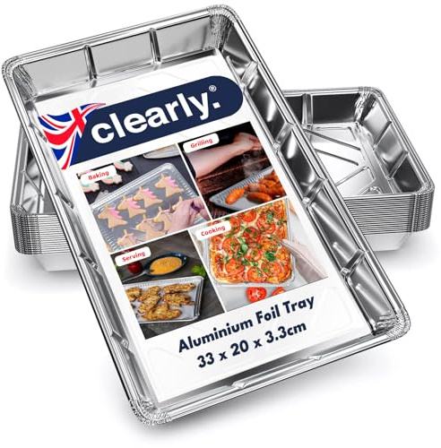 Clearly 10 Extra Large Aluminium Foil Trays for Baking, 32cm x 20cm x 3.3cm BBQ Containers, Roasting, Storing Tray Grilling & Food Storage Freezer, Microwave & Oven Safe