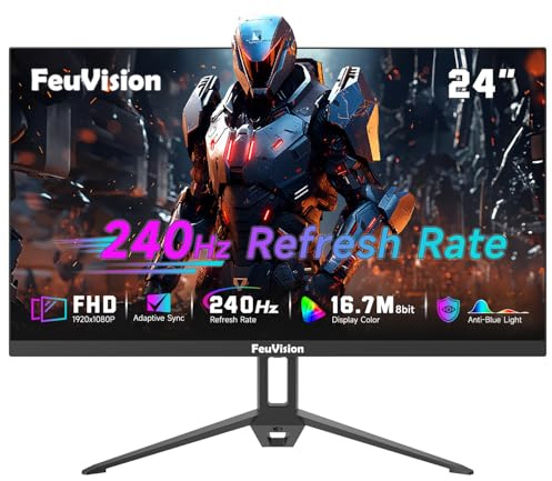 FeuVision 24 Zoll Gaming Monitor, 240Hz, FHD 1080p, PC Monitor, 2ms, VA Panel, FreeSync, Adaptive-Sync, VESA montierbar, Eye-Care, 100% sRGB, Rahmenlos Bildschirm, HDMI, DP