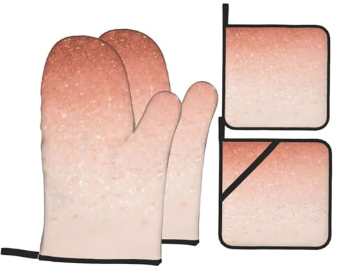 Rose Gold Faux Glitter Oven Mitts And Pot Holders 4 Pcs Set - Anti-Skid Oven Gloves, Insulated Microwave Oven Mitts And Cooking Mitts For Kitchen Baking Bbq Grilling