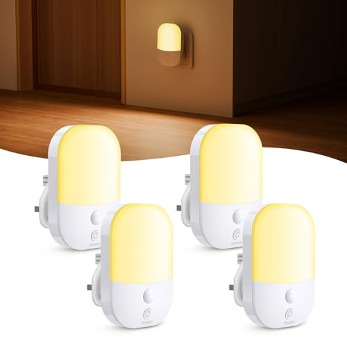 4 Pack Night Light Plug in Wall with Dusk to Dawn Photocell Sensor, 5 Brightness Levels, ON/Off/AUTO Modes, 3000K Warm White, 0.3W, Auto Night Lighting for Baby, Hallways, Stairs, Bedrooms, Kitchens