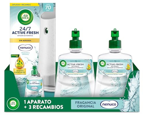 Air Wick Active Fresh Spray Automatico Sin Aerosol - Ambientador para casa con aroma a Nenuco - Pack de 1 Aparato + 3 Recambios (228mlx3)