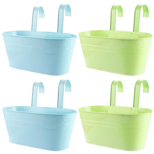 DAJAVE 4 Stück Metall Blumentopf Hängend, 27.5cm Hängeblumentopf, Hängende Blumentöpfe, Blumentopf Balkongeländer Große Blumenkasten Hängend Für Balkon Zaun Garten (Blau + Grün)