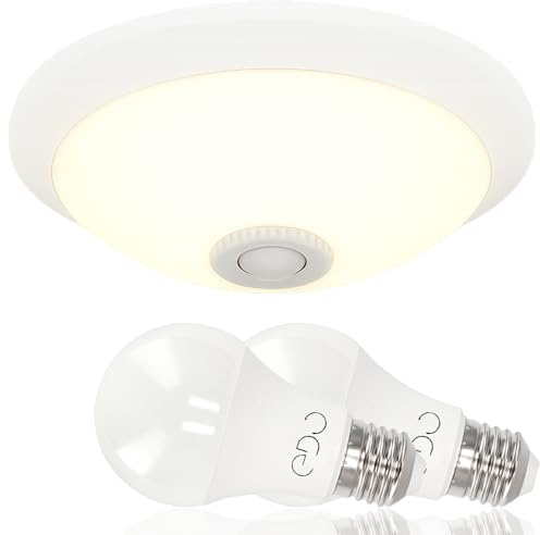 LED Deckenleuchte mit Bewegungsmelder 300 mm Weiß - Aufputz Deckenlampe | Deckenlampe mit 2x LED Lampen 11W E27 Neutralweiß 4000K - Sensorlampe mit 360° PIR & Dämmerungssensor - Horoz Electric
