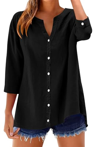 Rapbin Blusa de manga 3/4 para mujer, de algodón y lino, con botones, cuello en V, color liso, casual, ajuste holgado, manga enrollable, Negro, S