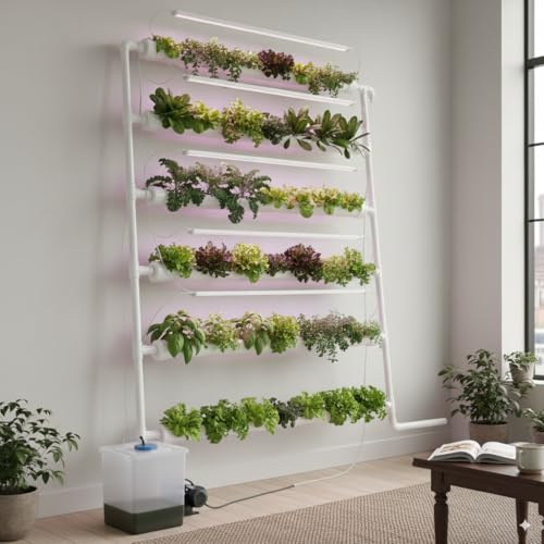 Getanye Wall-Mounted Hydroponic Grow Kit, 1 Layers 54 Plant Sites 6 Food-Grade PVC-U Pipes Hydroponics Planting System with Water Pump, Pump Timer, Nest Basket and Sponge for Leafy Vegetable