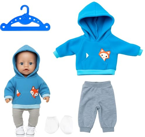 Puppenkleidung Set für 36-43 cm Puppen - Fuchs Design Kapuzenpulli & Jogginghose, Baumwoll Puppenkleider mit Socken und Bügel, Niedliches Outfit für 14-17 Zoll Spielpuppen