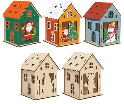 Casette in legno per artigianato, confezione da 5 casette in legno per artigianato 3D fai da te Natale per bambini con pennello, adesivi e nastri Attività scolastiche per feste di Natale