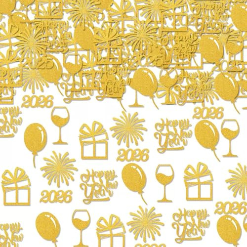 100 Stück Konfetti Silvester Deko 2026,Glitzer Silvester Streudeko,Streudeko Happy New Year,Neujahr Deko Confetti,Happy New Year Tischdeko Konfetti,Glitzer Neujahrsdeko,Neujahr Dekoration (Gold)