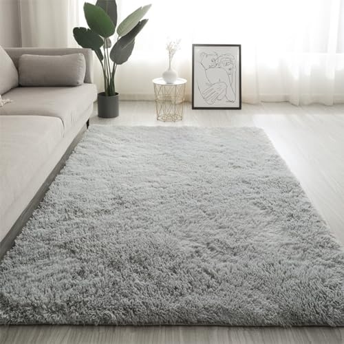 Swsen Teppich Wohnzimmer Super Weich - Shaggy Teppiche Flauschig Anti-Rutsch Unterseite - Moderner Carpet Waschbar Langflor Hochflor Teppiche 60x160cm, Silbergrau