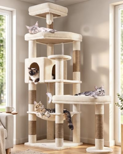 Globlazer S65 Stabil Kratzbaum Beige für 2-4 Große Katzen Maine Coon 165 cm | Stabiler Katzenbaum mit 2 Große Plattform, Extragroß Hängematte, Katzenhaus, Einfach Montieren mit Stützen für Schwere Katzen