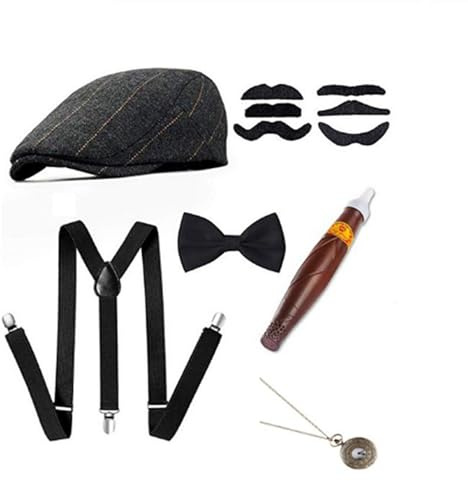 Velcoxplay 1920-tals herrtillbehör Mafia Peaky Blinders Gatsby Gangster tillbehör inklusive gangsterhatt, hängslen, fickur, slips, skägg