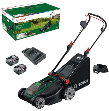 Bosch Cordless Lawn Mower ROTAK18V2-43 (Cutting Width: 43 cm, Height of Cut: 30-75 mm, 40 l Fabric Grass Bag, Mulch Plug, incl 2 x 18V Battery and Charger)