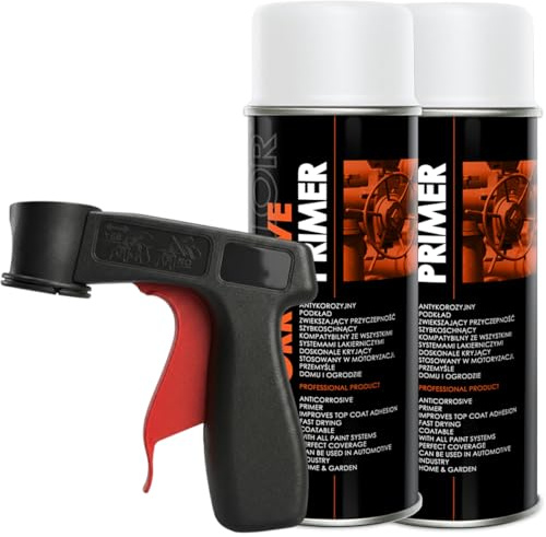 Craft-Equip DC 2er Sparpack Lackspray nach RAL in 400ml zur Lackierung von Auto Stahl Aluminium Beton Holz und Haltegriff (2 Dosen Grundierung weiss 400ml + Haltegriff)