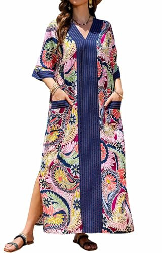 Orshoy Womens Long Kaftan Dresses Beachwear Cover Ups Maxi Kimono Boho Caftan Dress Bathing Suit Loungewear Summer Paisley