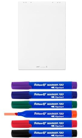 Limit Flipchart-Block, blanko, Block mit 20 Blatt, 80 g/qm Papier, 6 fach Lochung + Pelikan Flipchart Marker 720, Set mit 6 Farben, mit Keilspitze ca. 2,0 - 5,0 mm Linienbreite, lange Lebensdauer