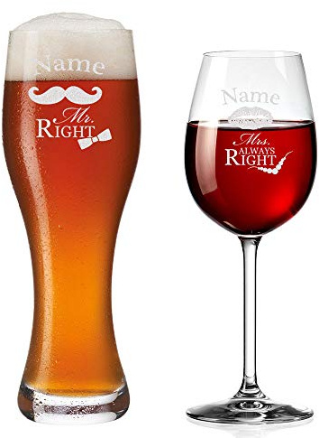 polar-effekt Weizenglas und Weinglas Personalisiert mit Gravur - Mr. & Mrs. Always Right mit Schnurrbart & Kussmund - Geschenk zur Hochzeit für Paare