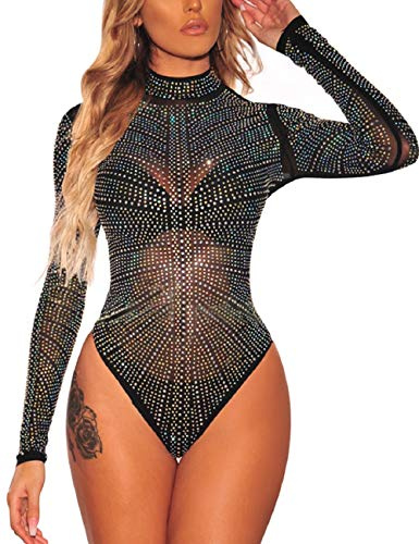 SEBOWEL Damen Sexy Strass Mesh Body Club Party Langarm Bodysuit Bluse Tops, #10 Black, S