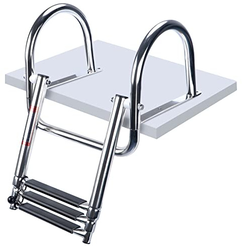 Marinebaby 3 Steps Pontoon Boat Ladder, Stainless Steel Folding Telescoping Rear Entry Inboard Ladder Heavy Duty Custom Swim Deck Ladder with Pedal Hand Railing Ladder