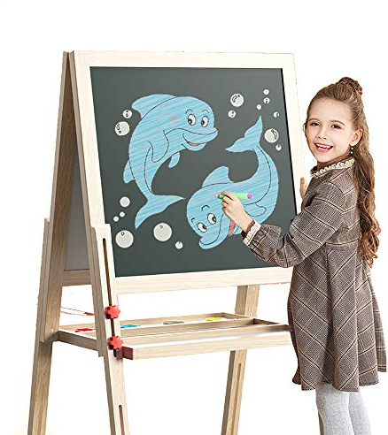 Dripex Kinder Tafel Holz Kindertafel Malerei Holztafel Doppelseitige Kreidetafel und Whiteboard Höhenverstellbar Standtafel 65x65cm mit 24Stk Zubehör (ab 3 Jahre)