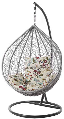 Kideo® Komplettset: großer Hängesessel mit Gestell & Kissen, Lounge Möbel, Poly-Rattan, XXL, grau (Kissen: Elfenbein Gemustert Nest (0056 Ivory Birds))