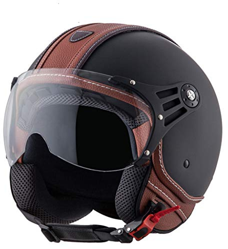 GAOZHE Casco A Scodella Aperto Jet Caschi, retrò Casco Moto Caschi Aperto Mezzo, Cuoio Caschi Moto Motorino Motociclo Scooter Chopper Caschi con Visiera Parasole per Donna e Uomo,