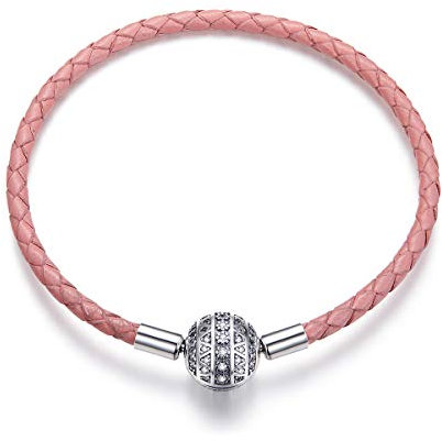 Teleye Leder Rosa Charm Armband 925 Sterling Silber Armband mit Mädchen Herz Runde Verschluss Charm Passend für Pandora Charm Schmuck Mädchen Frauen Geschenke (17cm/6.7in)