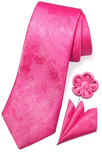 TaecMin Juego de corbatas de cachemira y cuadrados de bolsillo para hombre, color fucsia, con alfileres de solapa de flores para bodas, b-rosado fuerte, Without Lapel Pin