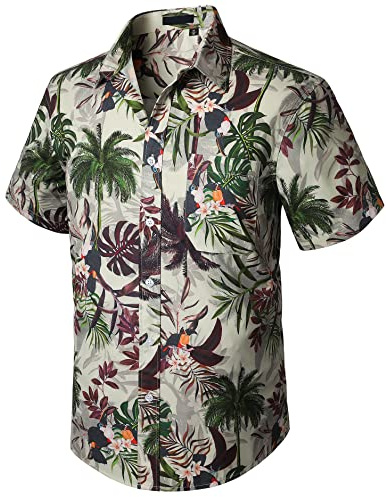Enlision Hawaii Hemd Männer Sommer Hawaii Hemd Herren Kurzarm Beige Hawaiihemd Palmen mit Brusttasche Hawaii Shirt Strandhemd M