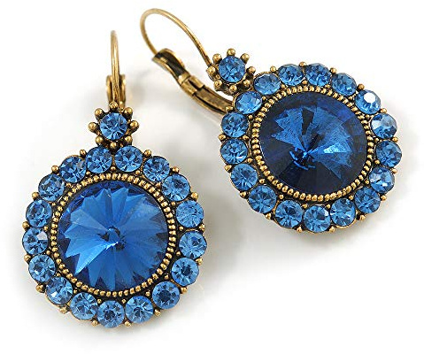 Boucles d'oreilles pendantes en verre bleu ciel avec fermoir dormeuse, 40 mm de long, en métal doré vieilli, d'inspiration vintage